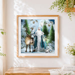 Finished father christmas with reindeer in winter forest cross stitch artwork displayed