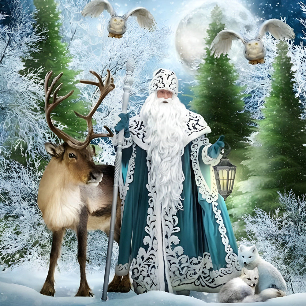 Father christmas with reindeer in winter forest cross stitch kit for beginners