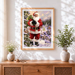 Finished father christmas with sack in a snowy village cross stitch artwork displayed
