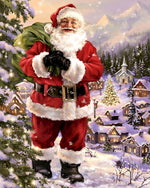 Father christmas with sack in a snowy village cross stitch kit for beginners
