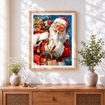 Finished father christmas with toy sack going "shh!" cross stitch artwork displayed
