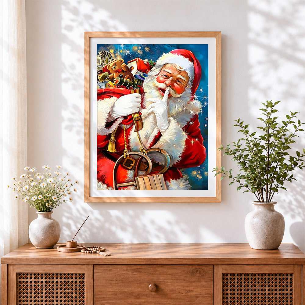 Finished father christmas with toy sack going "shh!" cross stitch artwork displayed