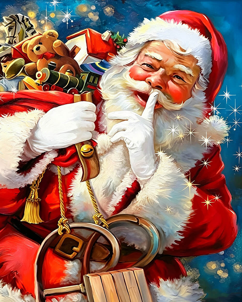 Father christmas with toy sack going "shh!" cross stitch kit for beginners