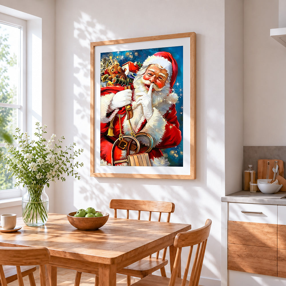 Father christmas with toy sack going "shh!" cross stitch artwork displayed on wall as home decor