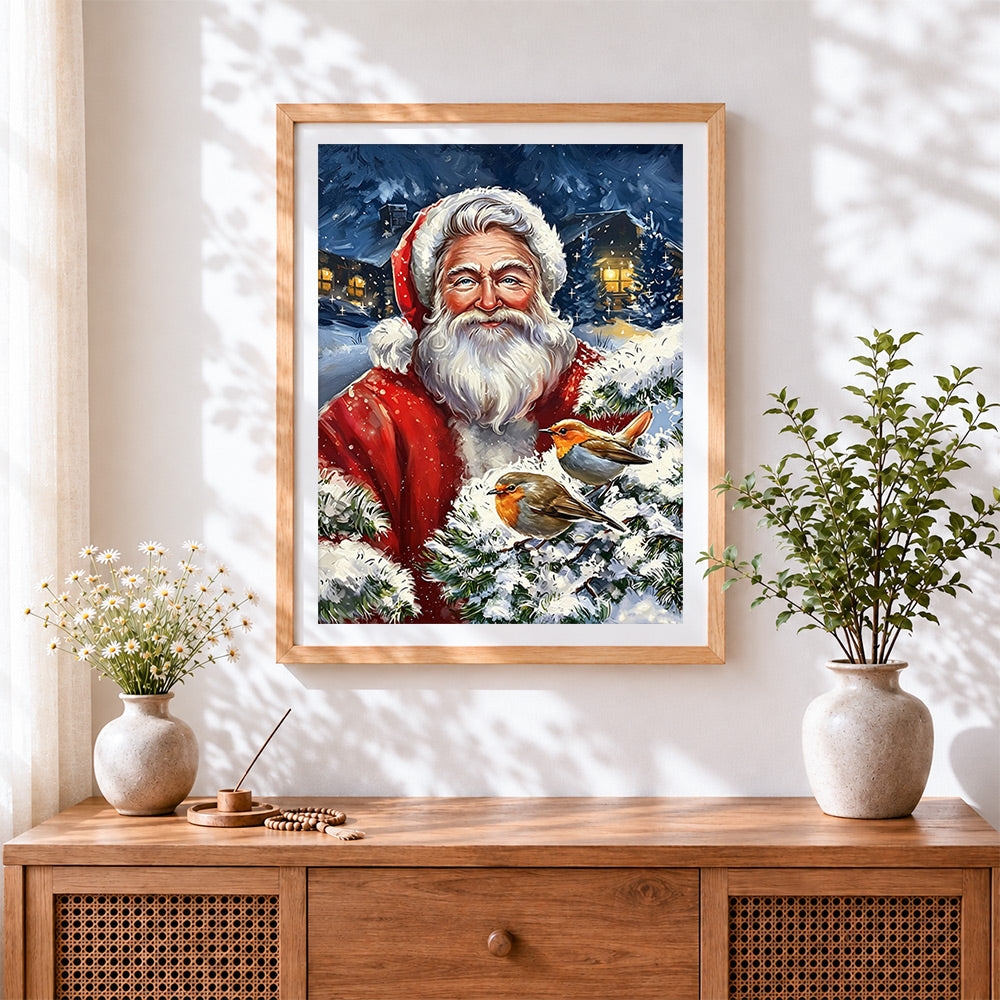 Finished father christmas with two robins cross stitch artwork displayed