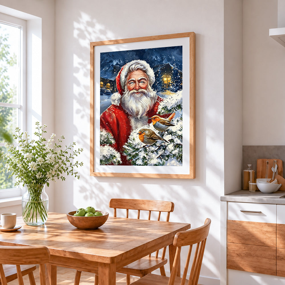 Father christmas with two robins cross stitch artwork displayed on wall as home decor