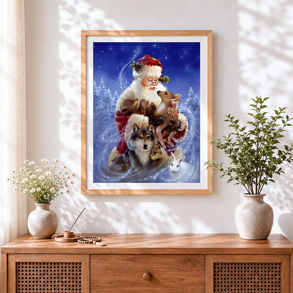 Finished father christmas with woodland animals cross stitch artwork displayed