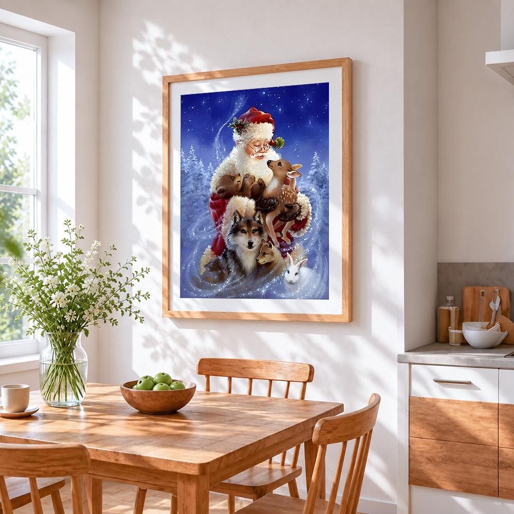 Father christmas with woodland animals cross stitch artwork displayed on wall as home decor