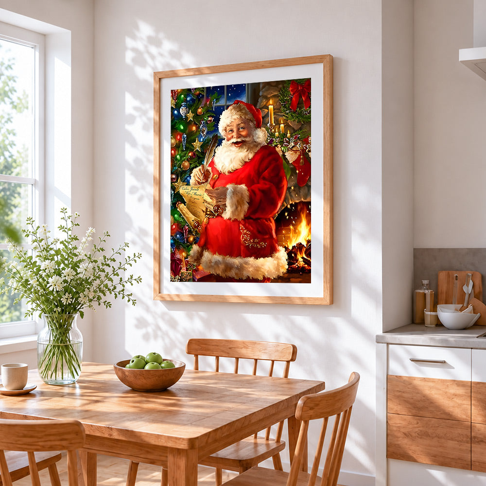 Father christmas writing letters cross stitch artwork displayed on wall as home decor
