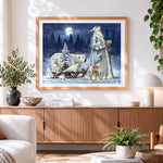 Finished father frost with polar animals cross stitch artwork displayed