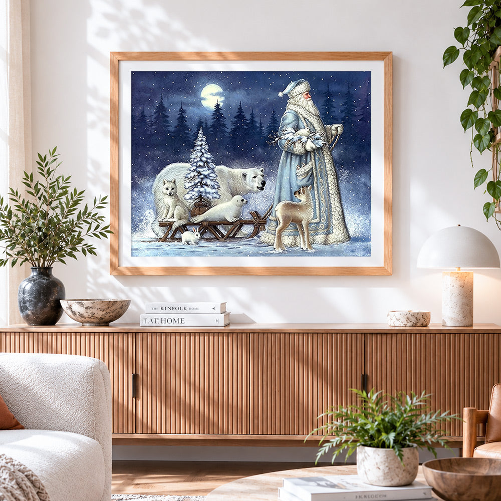 Finished father frost with polar animals cross stitch artwork displayed