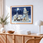 Father frost with polar animals cross stitch artwork displayed on wall as home decor