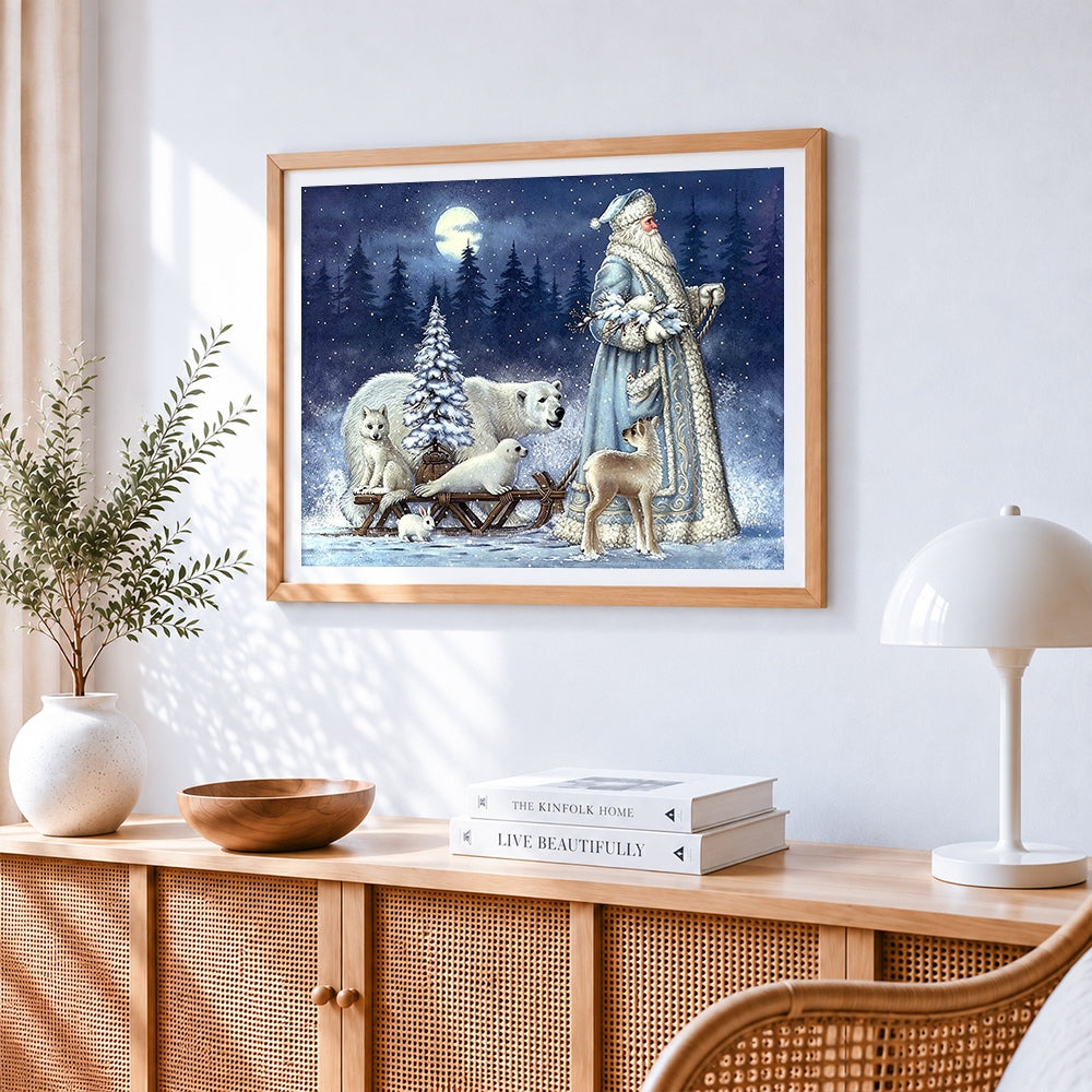 Father frost with polar animals paint by numbers artwork displayed on wall as home decor