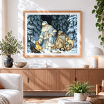 Finished father frost with puppies and kittens cross stitch artwork displayed