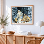 Father frost with puppies and kittens cross stitch artwork displayed on wall as home decor