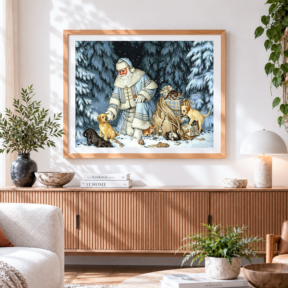 Finished father frost with puppies and kittens paint by numbers artwork displayed as home decor