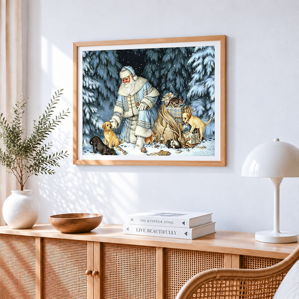 Father frost with puppies and kittens paint by numbers artwork displayed on wall as home decor
