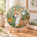 Fawn with daisies and orange blooms embroidery kit finished hoop displayed on a wooden stand as cosy tabletop decor