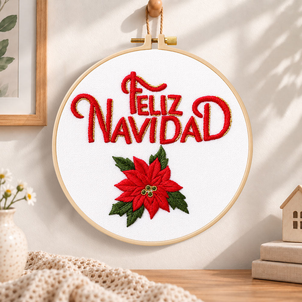Feliz navidad poinsettia embroidery hoop wall art displayed as warm and cozy handmade home decor