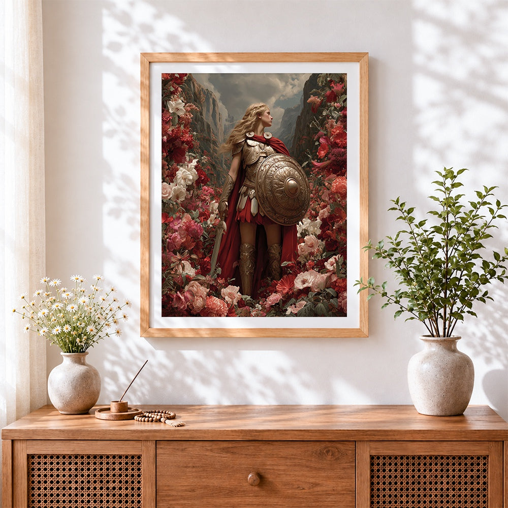 Finished female warrior in the flower bushes cross stitch artwork displayed