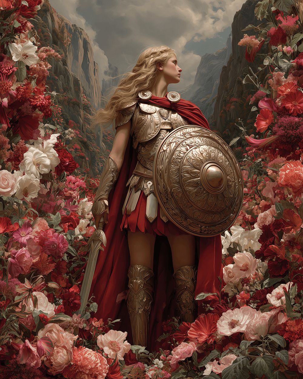 Female warrior in the flower bushes cross stitch kit for beginners