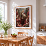 Female warrior in the flower bushes cross stitch artwork displayed on wall as home decor