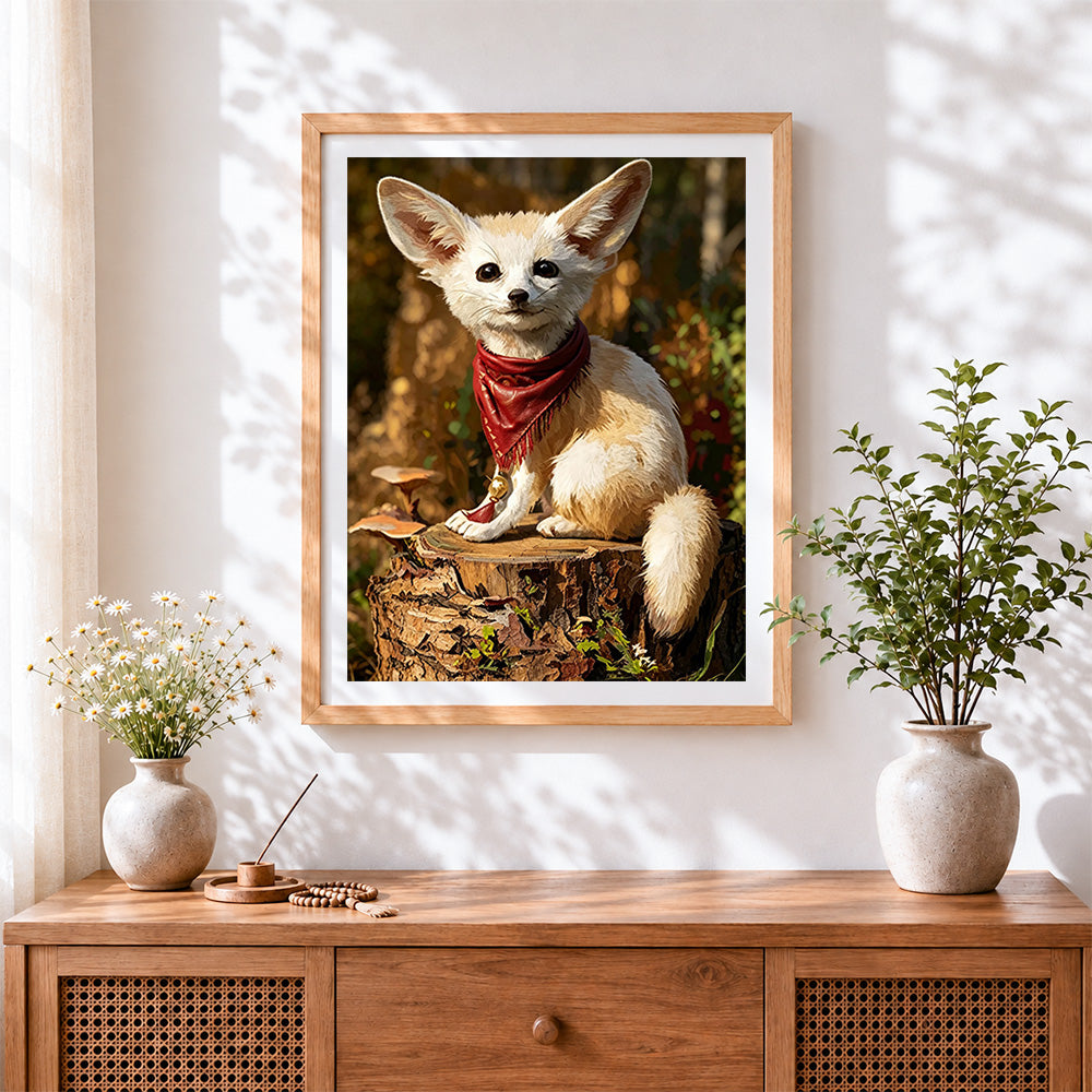 Finished fennec fox with red bandana cross stitch artwork displayed