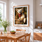 Fennec fox with red bandana cross stitch artwork displayed on wall as home decor