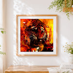 Finished ferocious fire tiger cross stitch artwork displayed