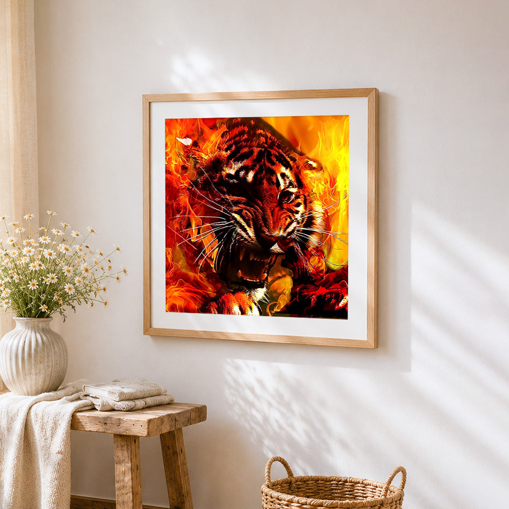 Ferocious fire tiger cross stitch artwork displayed on wall as home decor