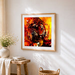 Ferocious fire tiger cross stitch artwork displayed on wall as home decor