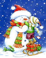 Festive child hugging a snowman cross stitch kit for beginners