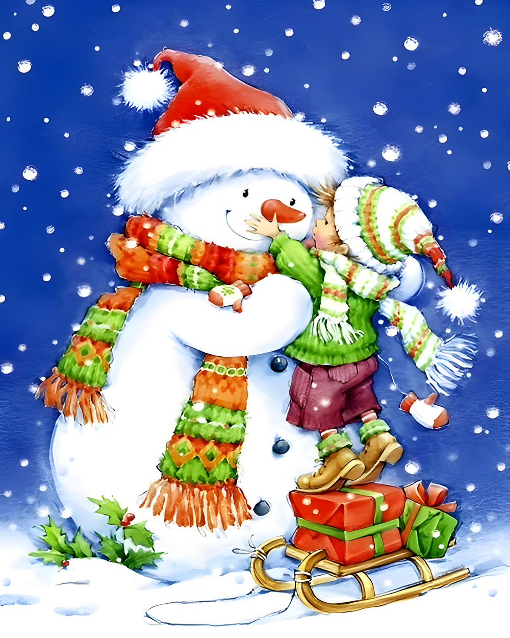 Festive child hugging a snowman cross stitch kit for beginners