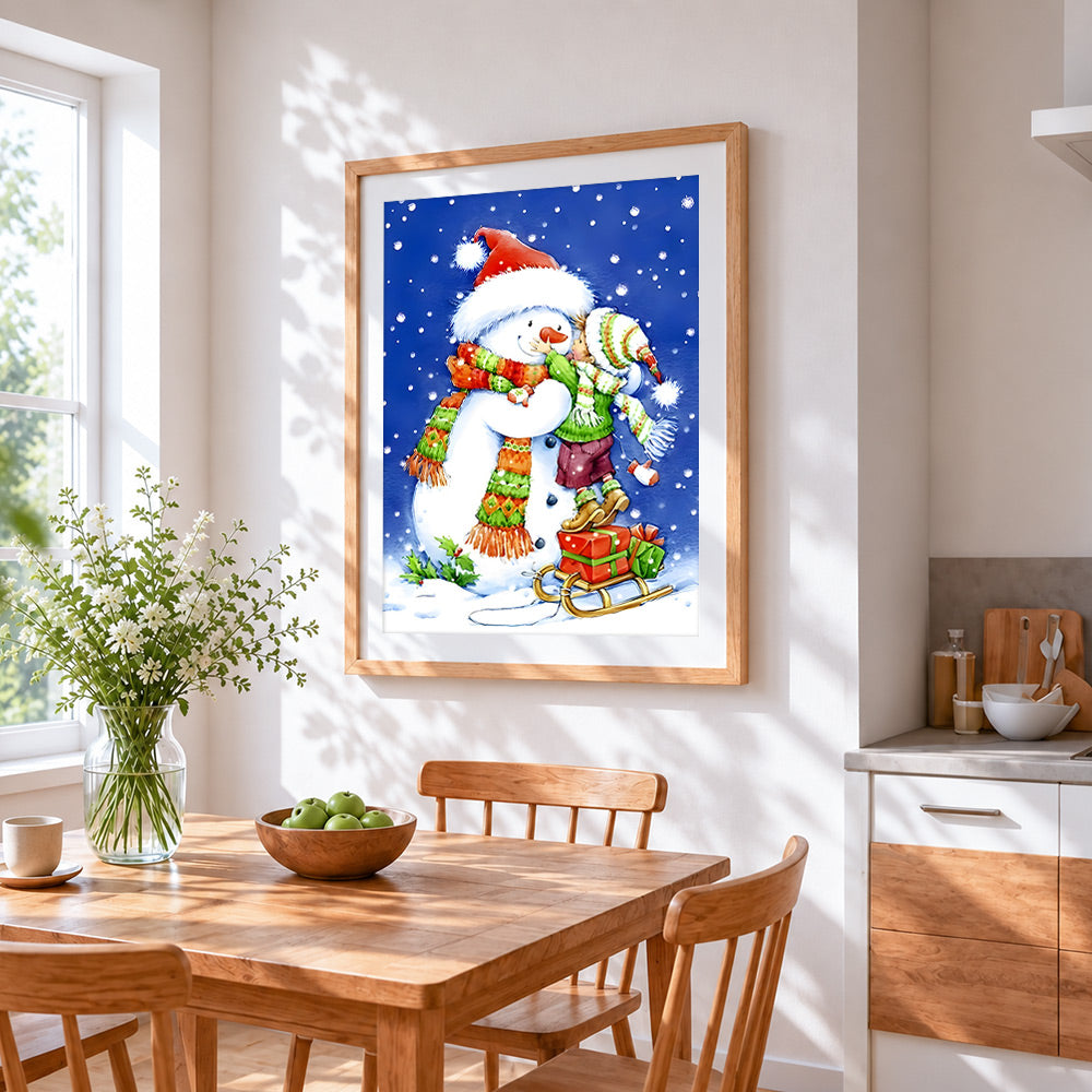 Festive child hugging a snowman cross stitch artwork displayed on wall as home decor