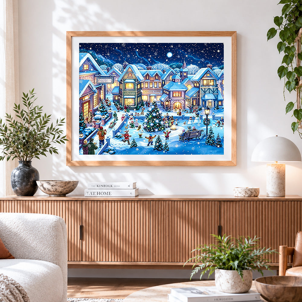 Finished festive christmas village at night cross stitch artwork displayed