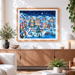 Finished festive christmas village at night cross stitch artwork displayed