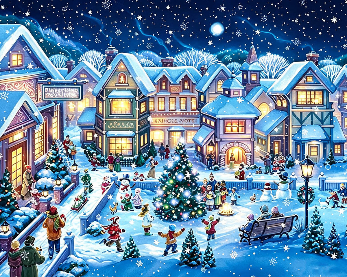 Festive christmas village at night cross stitch kit for beginners