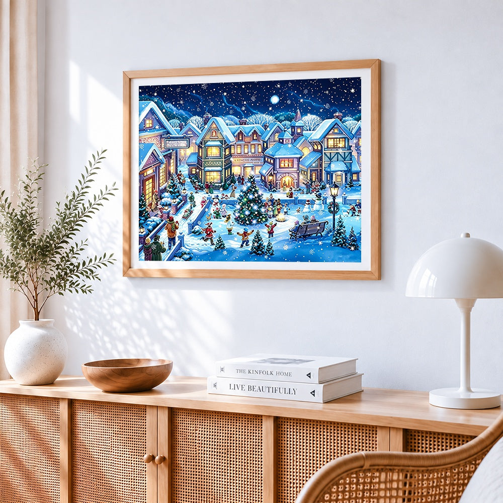 Festive christmas village at night cross stitch artwork displayed on wall as home decor