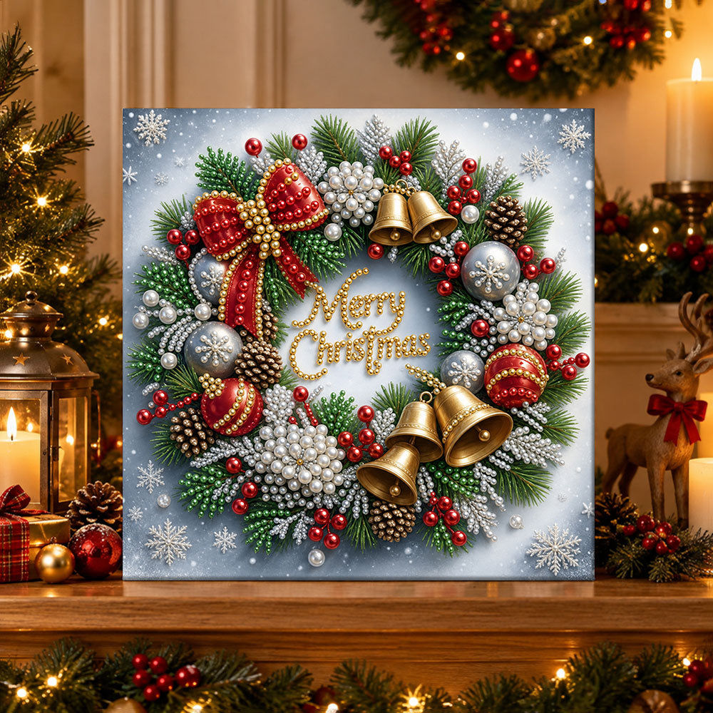 Finished festive christmas wreath with bells pearl diamond painting artwork displayed as holiday home decor
