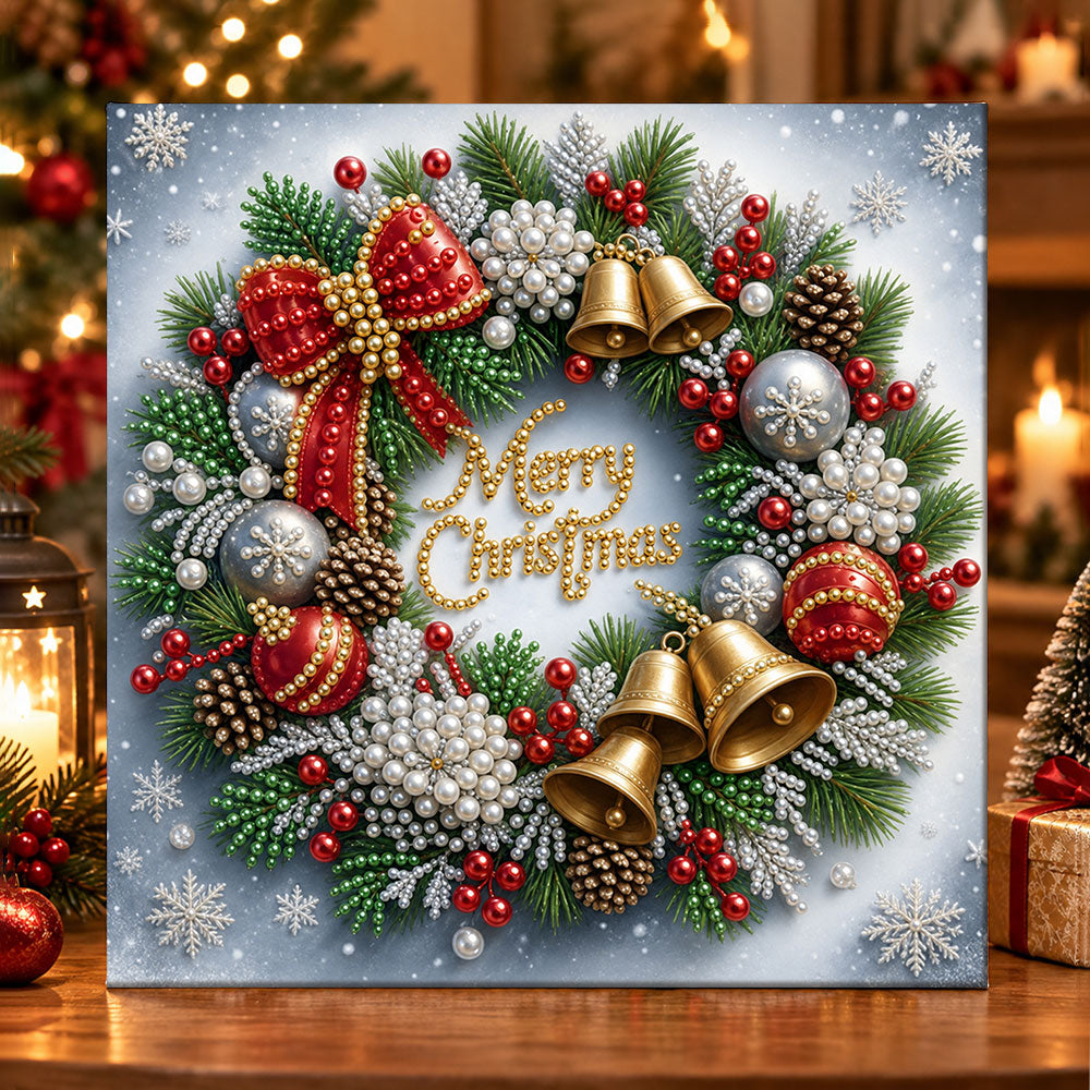 Festive christmas wreath with bells pearl diamond painting kit for beginners