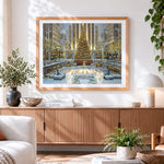 Finished festive city ice rink and giant christmas tree cross stitch artwork displayed