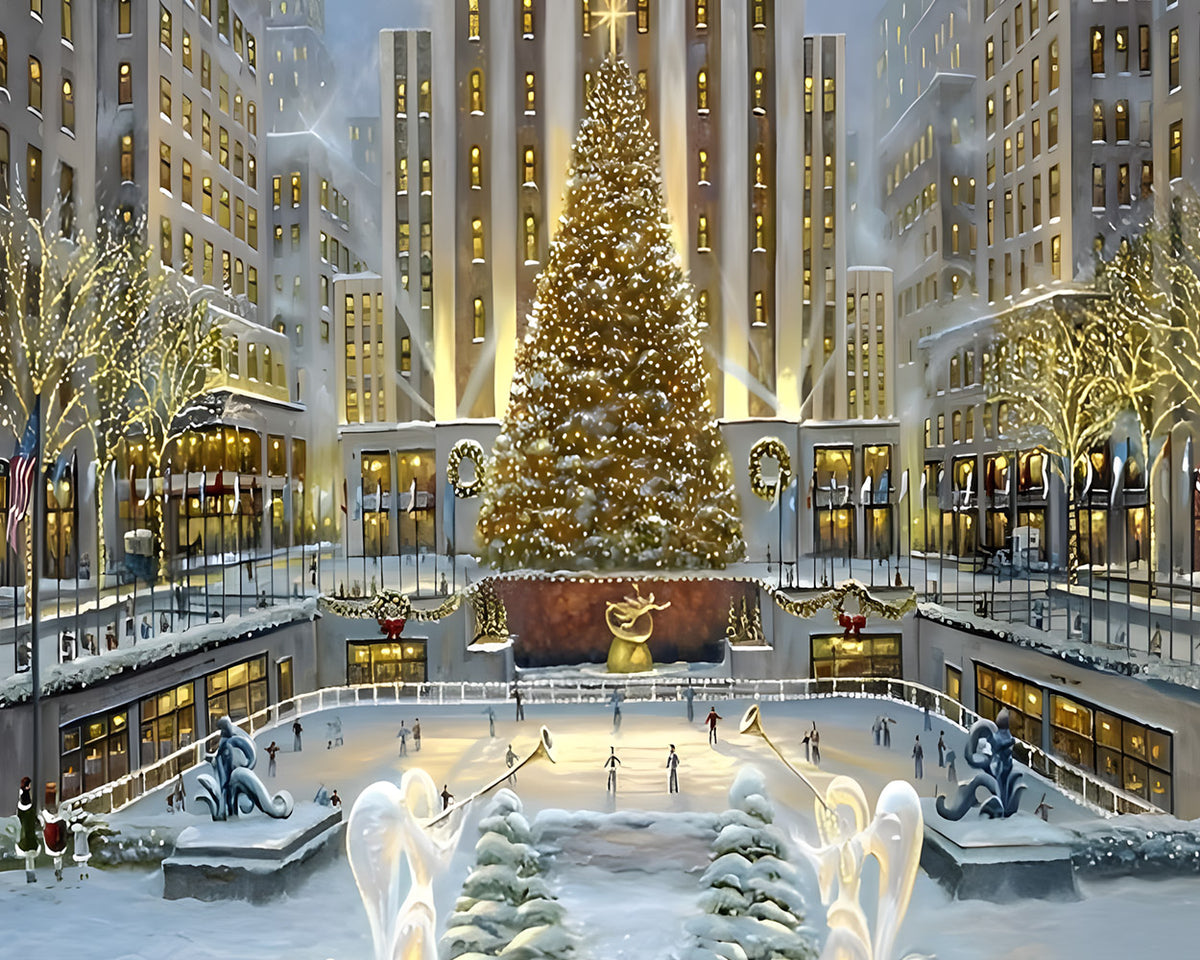 Festive city ice rink and giant christmas tree cross stitch kit for beginners