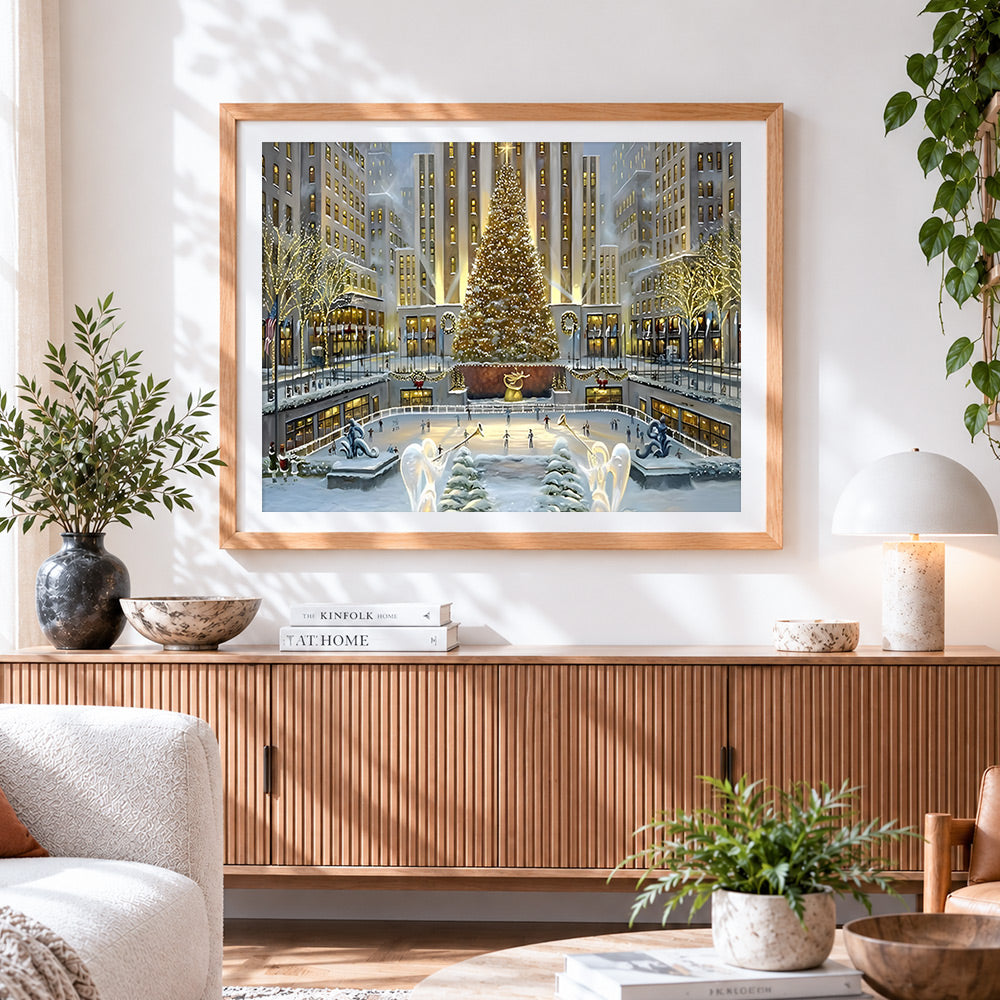 Finished festive city ice rink and giant christmas tree paint by numbers artwork displayed as home decor