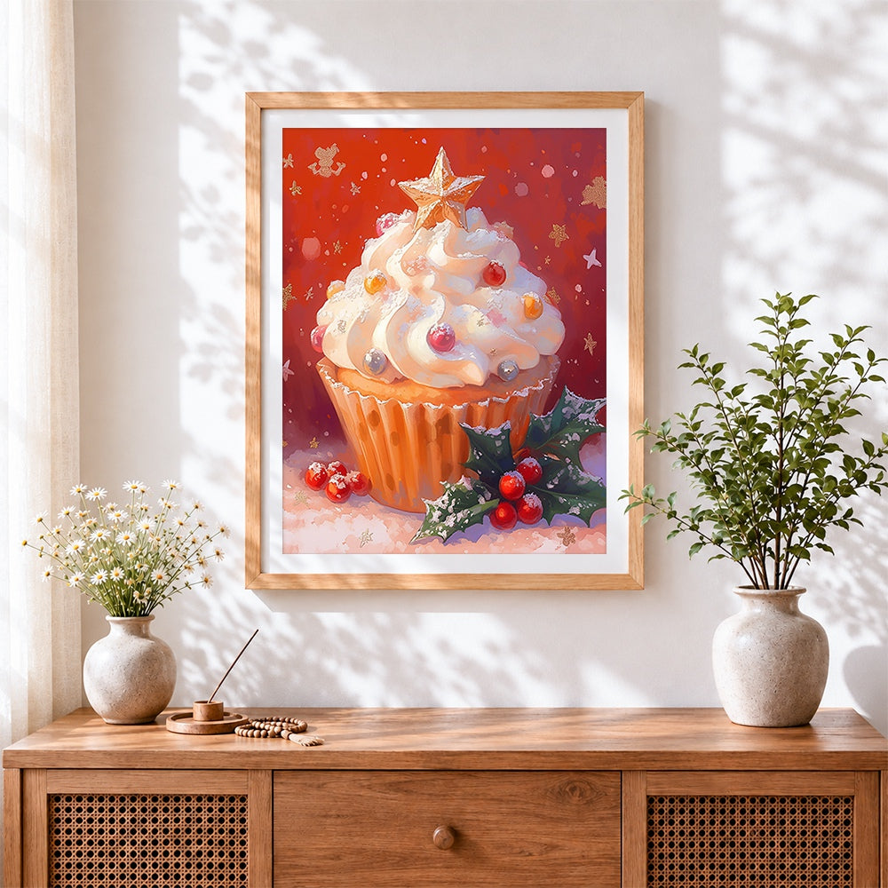Finished festive cupcake with holly cross stitch artwork displayed