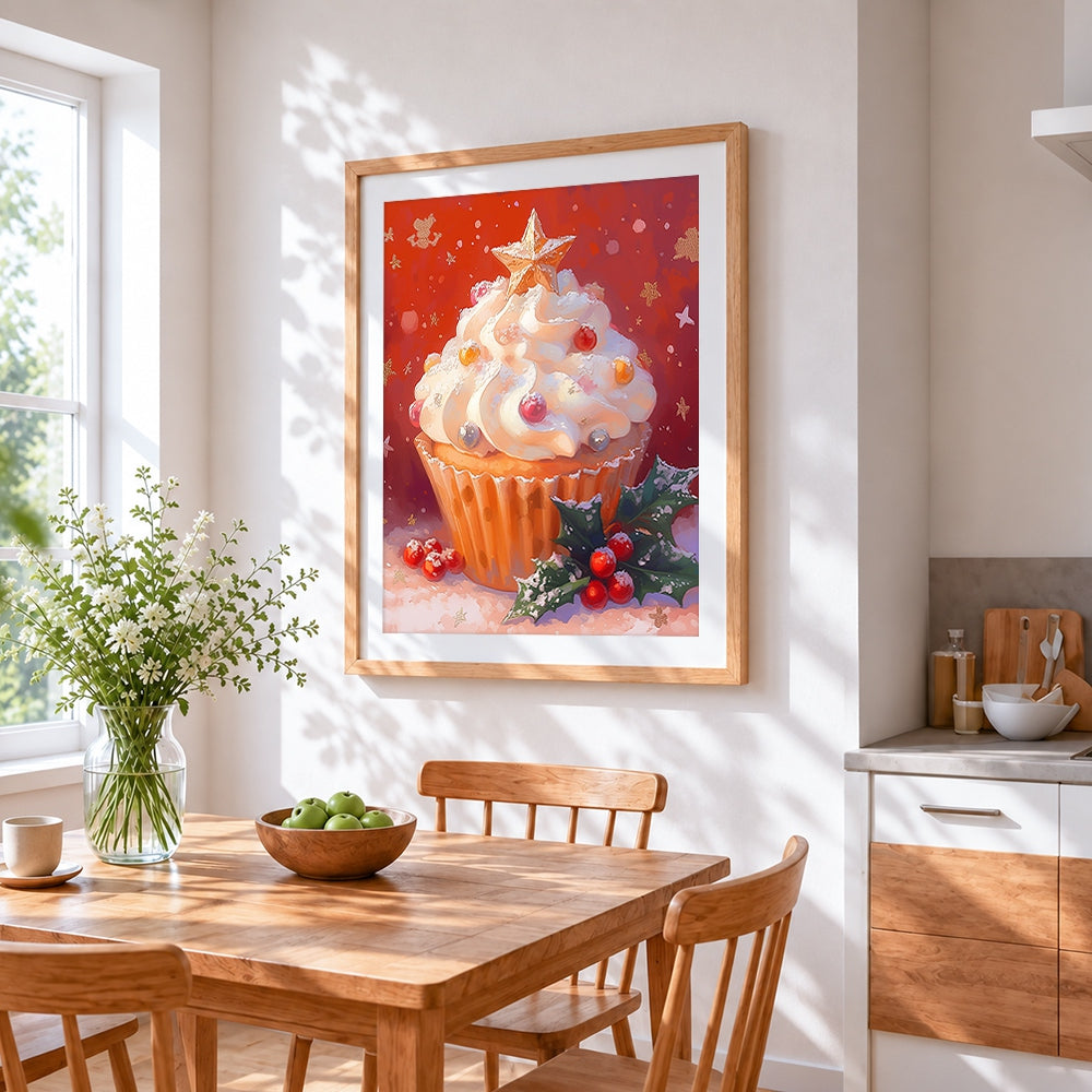 Festive cupcake with holly cross stitch artwork displayed on wall as home decor
