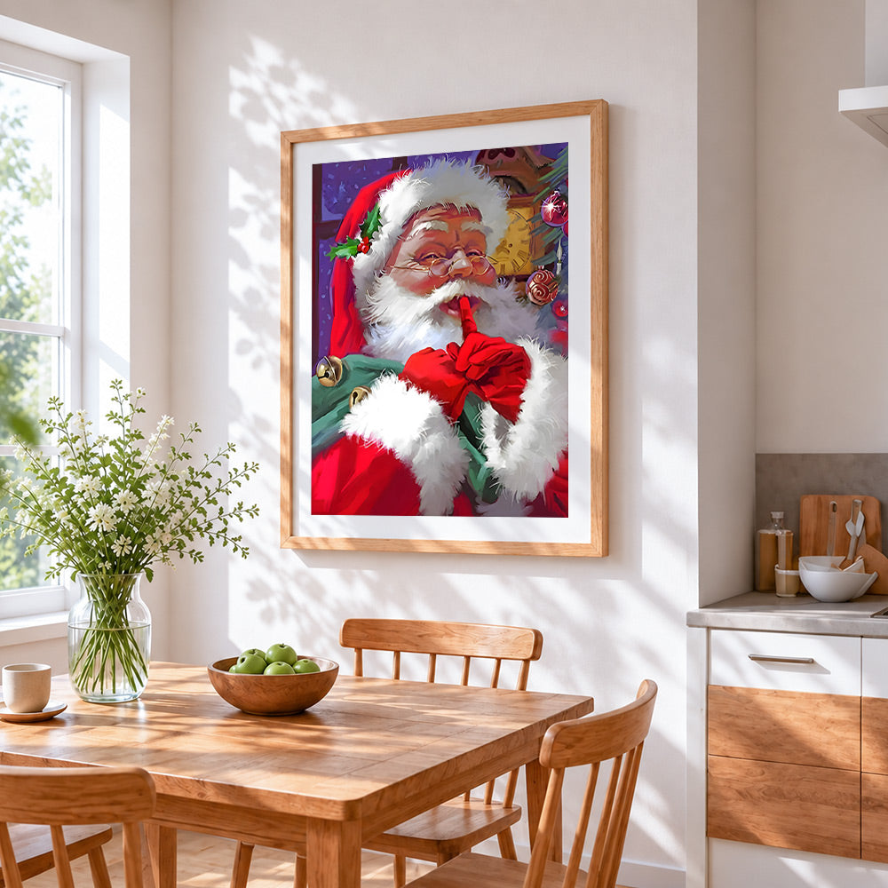 Festive father christmas going "shh!" cross stitch artwork displayed on wall as home decor