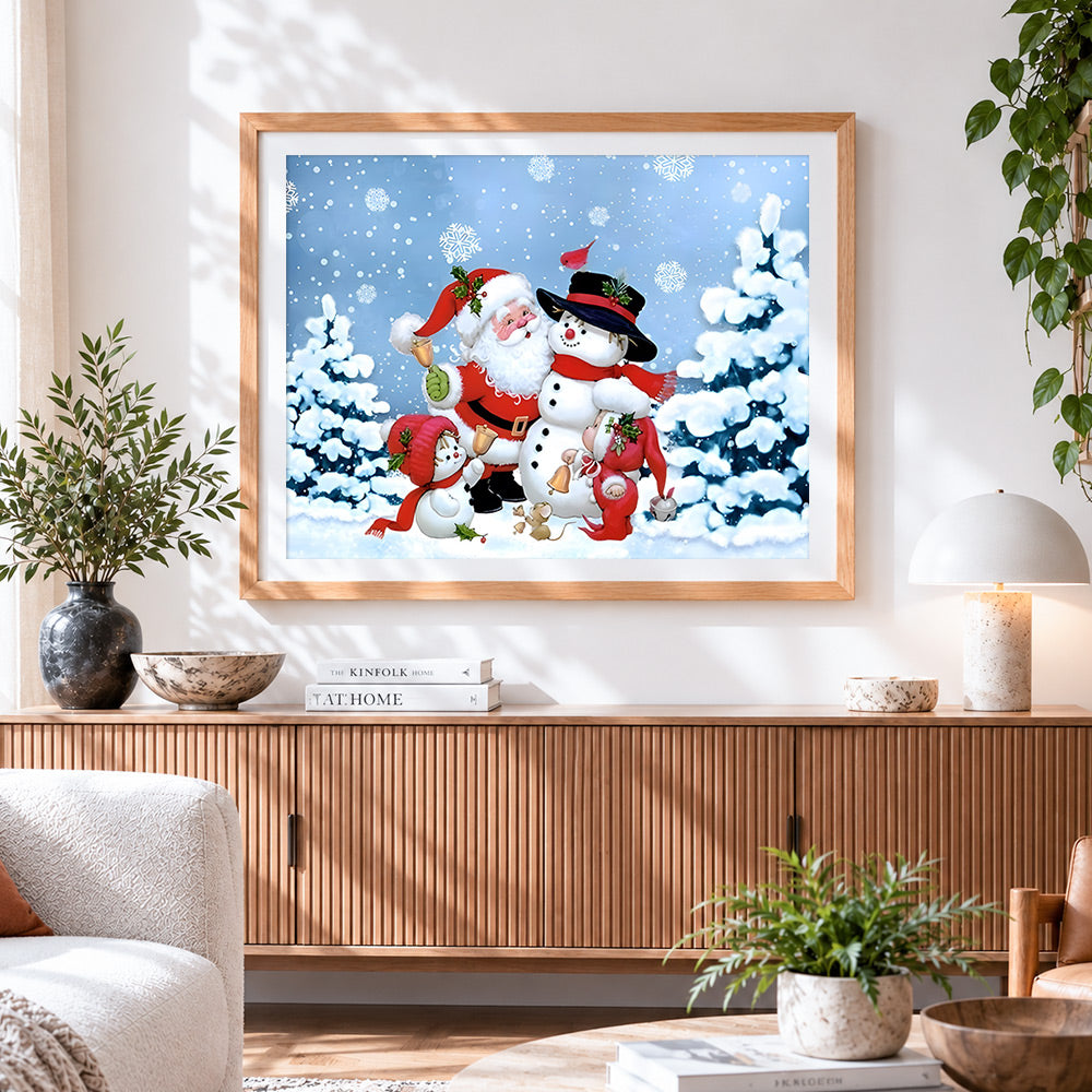 Finished festive father snowmen and robins cross stitch artwork displayed