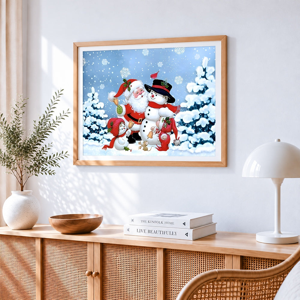 Festive father snowmen and robins cross stitch artwork displayed on wall as home decor
