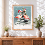 Finished festive flamingos in santa hats cross stitch artwork displayed