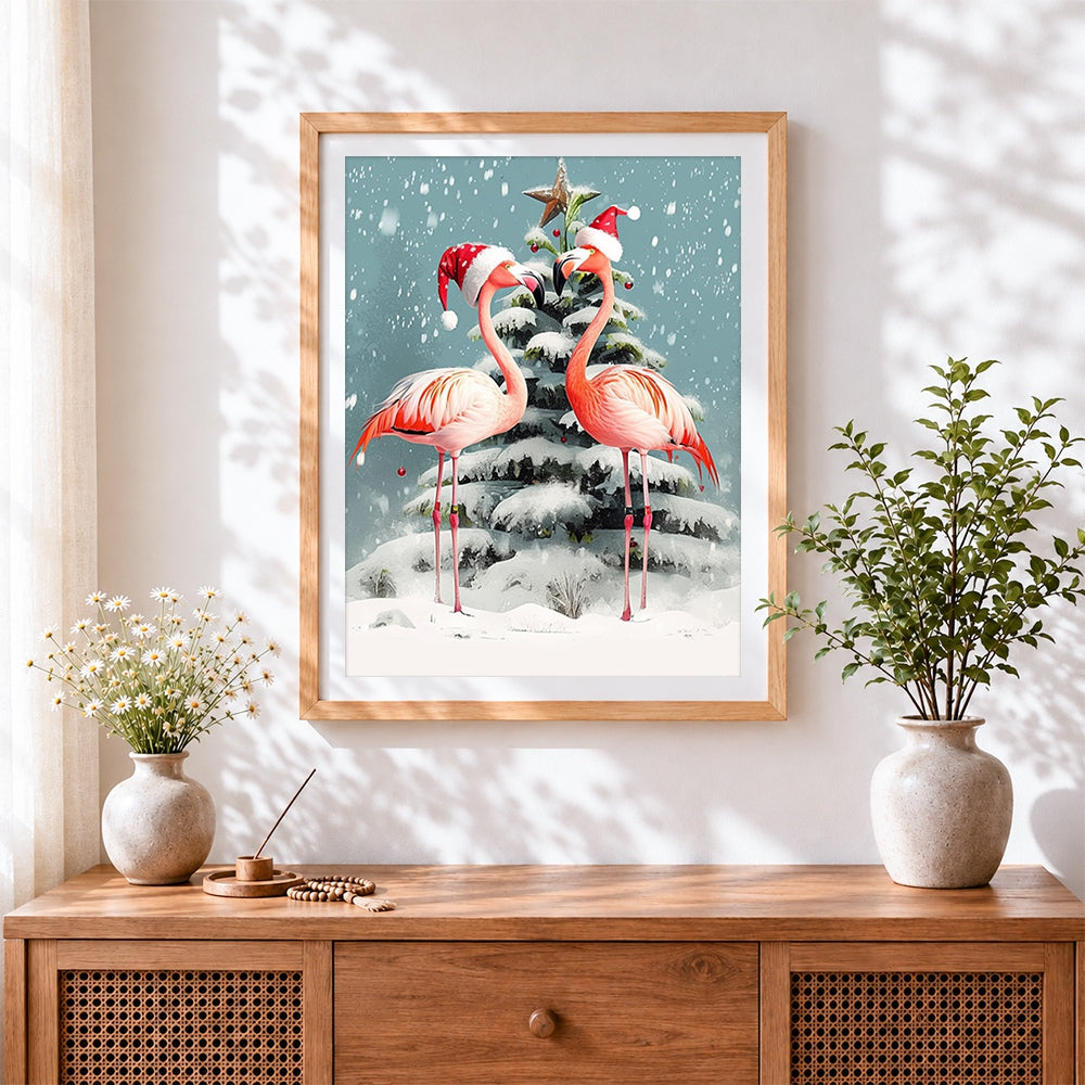 Finished festive flamingos in santa hats cross stitch artwork displayed